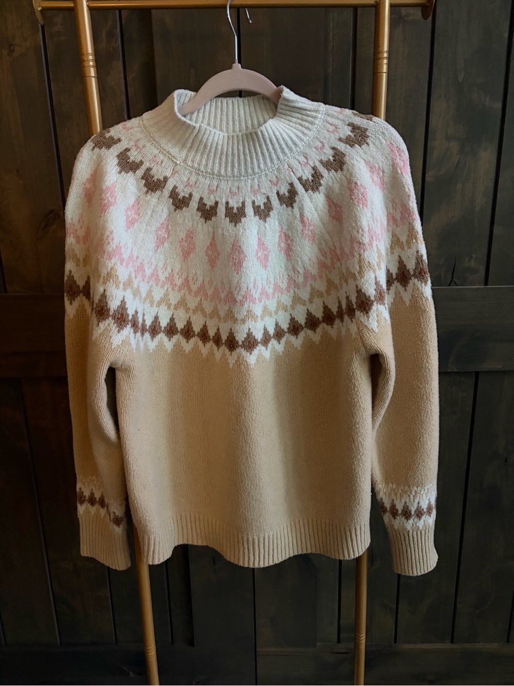Rachel Zoe Cream Fair Isle Turtleneck Sweater with Pink and Brown